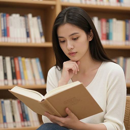 Photograph of an Asian woman with long black hair, wearing a white sweater, reading a book in a library with wooden bookshelves filled with colorful