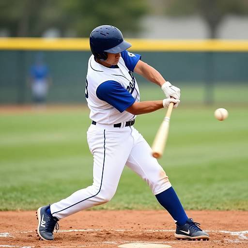 Photograph of a male baseball player in white and blue uniform, mid-swing, hitting a ball on a grassy field.