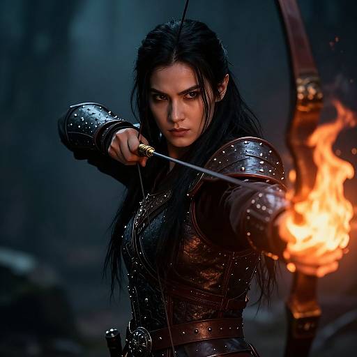 Photograph-style digital artwork of a fierce, dark-haired woman in metallic armor, drawing a bow with a flaming arrow, set against a dark, blurred