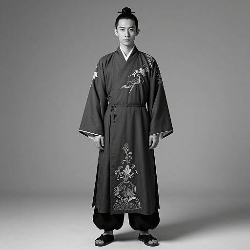Black-and-white photograph of an East Asian woman in a traditional kimono with intricate white embroidery, standing against a plain gray background, hair styled in a