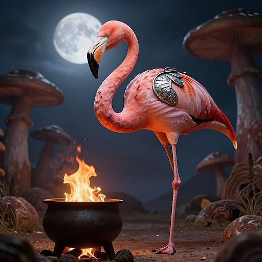 Digital artwork: Pink flamingo with black wing patterns stands by a glowing fire, under a full moon, surrounded by large mushrooms in a dark, mystical