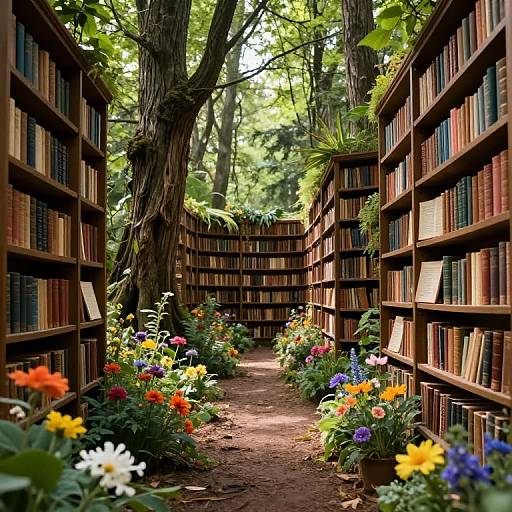 Photograph of a sunlit, tree-surrounded library aisle with tall wooden bookshelves on both sides, filled with colorful flowers and books, creating