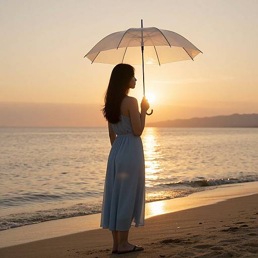 Photograph of a silhouetted woman with long hair, wearing a light blue dress, holding an umbrella, standing on a beach at sunset,