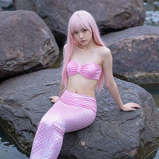 Digital artwork of a pale-skinned mermaid with long pink hair, wearing a pink strapless top and pink patterned tail, sitting on dark rocks