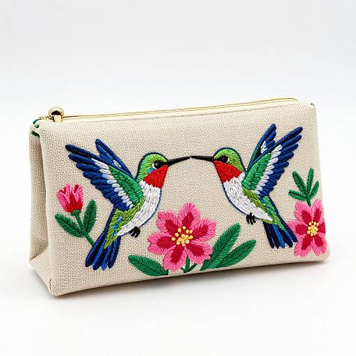 Photograph of a cream-colored fabric clutch with colorful embroidered hummingbirds and pink flowers, featuring vibrant blue, green, and red details.