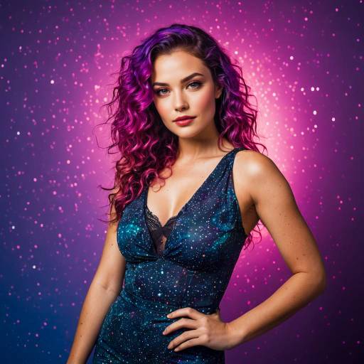 Young Woman with Vibrant Purple Hair in Starry Dress