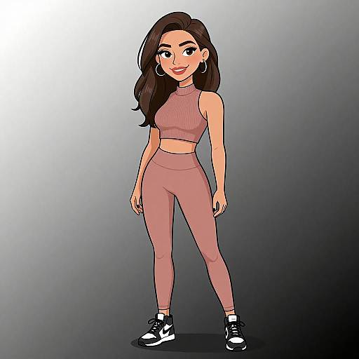 Digital cartoon of a smiling woman with long dark hair, wearing a pink sports bra and matching leggings, black Nike sneakers, standing against a gradient gray background