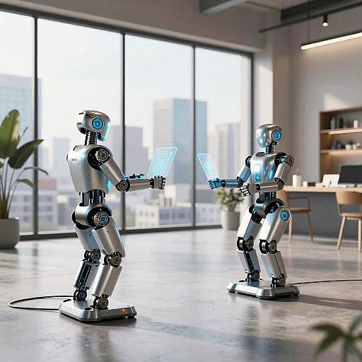 Photograph of two futuristic, silver humanoid robots with blue glowing screens, interacting in a modern, sunlit office with large windows.