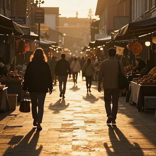 Photograph of a bustling sunset marketplace with silhouetted shoppers walking down a sunlit, shadowed street lined with market stalls.