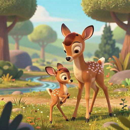Digital art of two cute, cartoon-style deer with large eyes, standing in a sunny, vibrant forest clearing with a stream and trees.