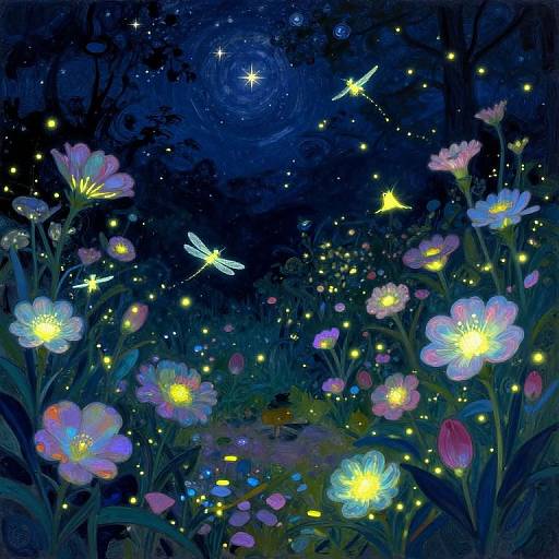 Digital artwork of a magical night forest with glowing flowers, fireflies, and luminous dragonflies under a starry, moonlit sky.
