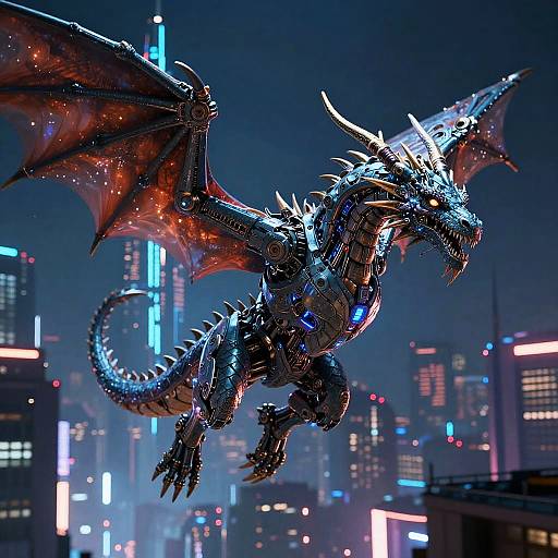 Digital artwork of a glowing, metallic blue and red dragon soaring through a neon-lit, futuristic cityscape at night.