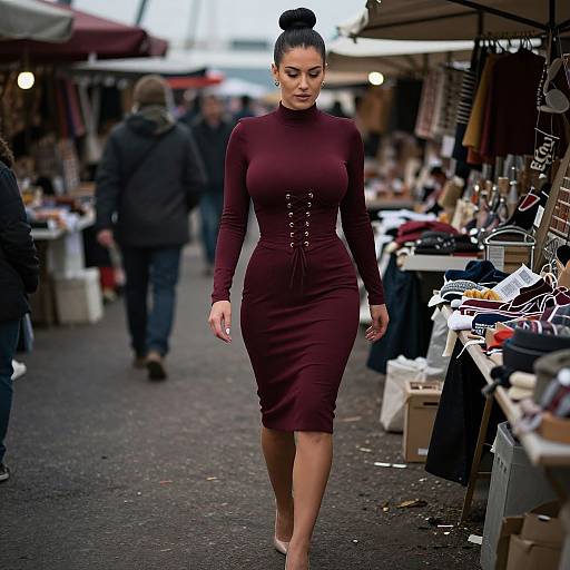 Photograph of a confident woman with dark hair in a bun, wearing a form-fitting, long-sleeve maroon dress, walking through a