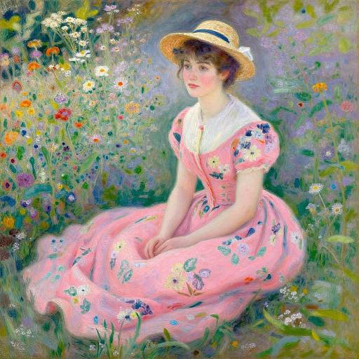 Digital painting of a fair-skinned woman with brown hair, wearing a pink floral dress and straw hat, seated in a vibrant meadow of colorful wild