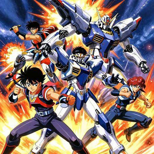 Digital anime-style artwork of four muscular, martial-arts fighting characters with futuristic mecha robots, surrounded by explosive orange-yellow fire against a cosmic blue background