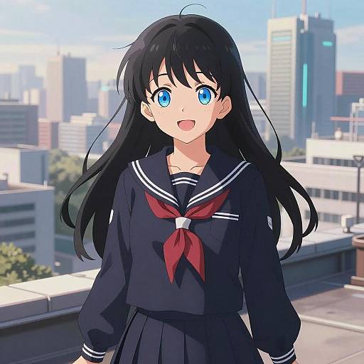 Cheerful anime girl in sailor uniform on rooftop