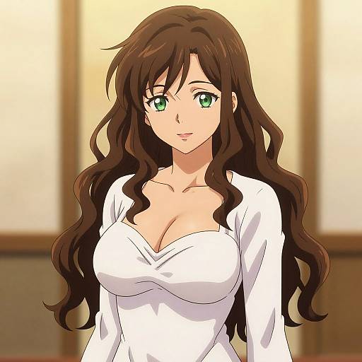 Anime-style digital drawing of a green-eyed woman with long brown wavy hair, wearing a white low-cut top, highlighting her large breasts. Blurred