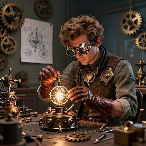 Steampunk inventor with curly hair, goggles, and brown gloves, repairs glowing clockwork device in dimly lit workshop, surrounded by gears.