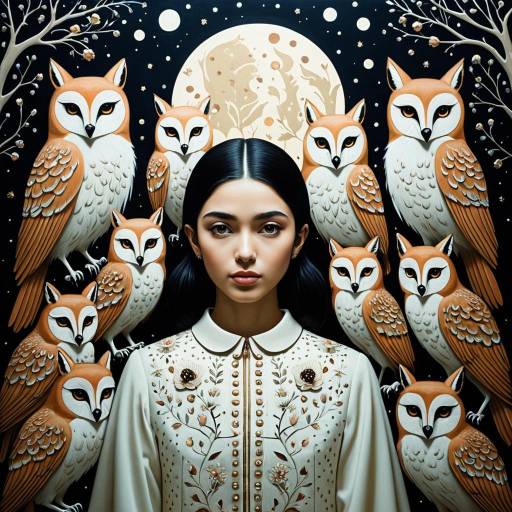 Surreal Portrait of Night Girl with Luminescent Owls