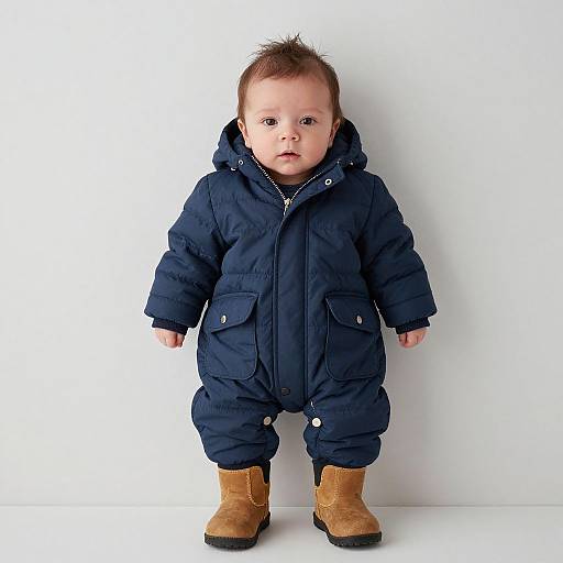 Photograph of a baby with light skin and brown hair, wearing a navy blue puffer jacket, brown boots, and standing against a plain white background
