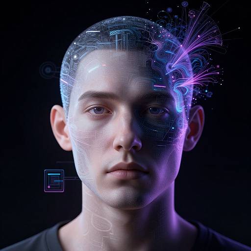 Photograph of a young man with a transparent, digital-patterned face, neon blue and purple circuits on the right, against a black background. Cyber