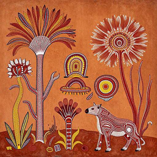 Vibrant, intricately patterned illustration of a stylized, anthropomorphic wolf among tall, abstract palm trees and sun-like flowers on an orange