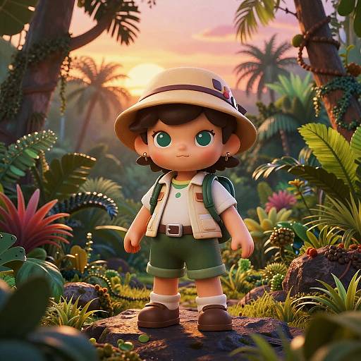 CGI cartoon of a young explorer with large green eyes, wearing a beige hat, white shirt, green shorts, and brown boots, standing in a