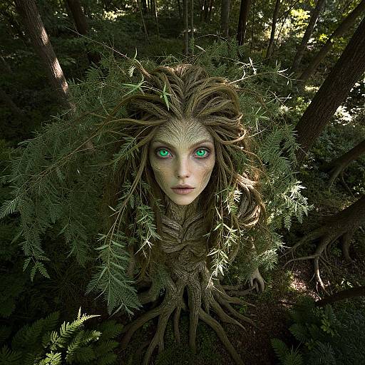 Digital artwork of a mystical forest spirit with glowing green eyes, greenish-brown hair, and tree-like roots blending into the forest background.