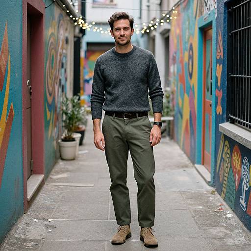 Photograph of a handsome man with short brown hair and beard, wearing a navy sweater, olive pants, and brown boots, standing in a colorful,