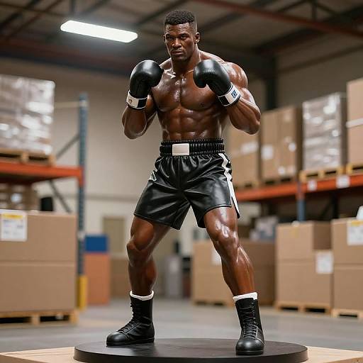 Photograph of a muscular, dark-skinned male boxer in black shorts and gloves, standing in a warehouse with stacked boxes. Bright lighting highlights his defined