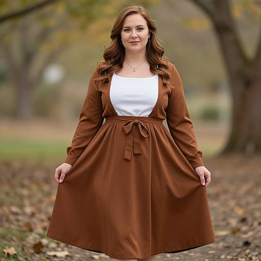 Photograph of a fair-skinned woman with wavy brown hair, wearing a brown long-sleeve dress with white blouse, standing in a blurred