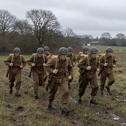 World War II Soldiers Running Through Muddy Field