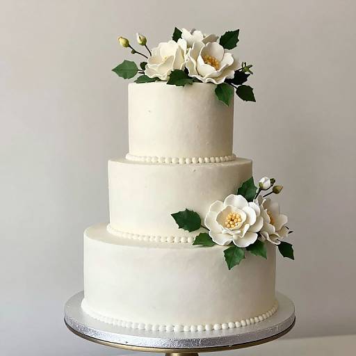 Photograph of a three-tiered white wedding cake adorned with realistic white flowers and green leaves, bordered by pearl-like decorations.
