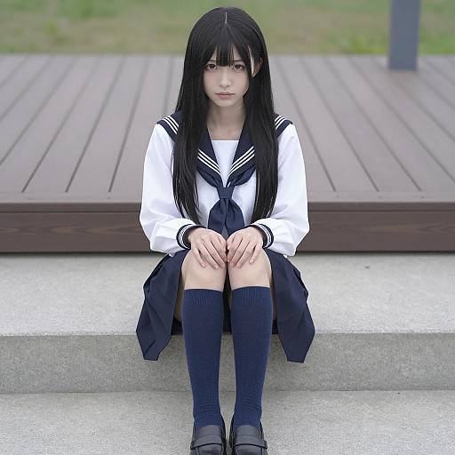 Young Woman in Sailor Uniform Sitting on Steps