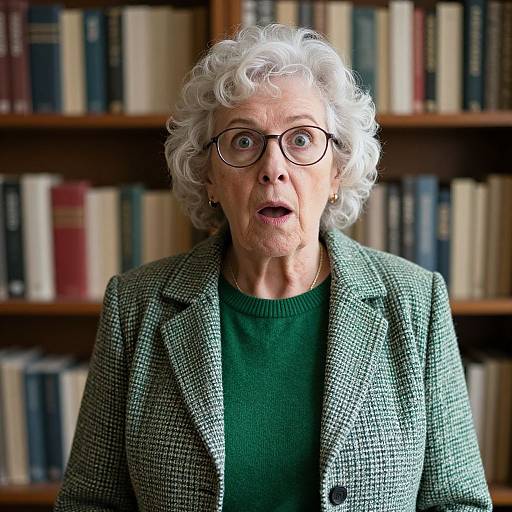 Photograph of an elderly woman with curly white hair, glasses, green sweater, and checkered blazer, shocked expression, in front of a book