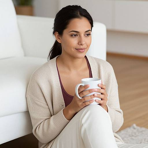 Photograph of a smiling woman with dark hair in a ponytail, wearing a beige cardigan over a maroon top, holding a white mug,