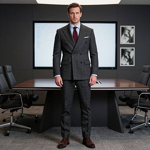 Photograph of a handsome man in a black checkered suit, white shirt, and red tie, standing in a modern, dimly lit office with