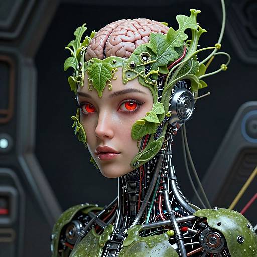 CGI image of a cybernetic woman with a human brain headpiece, green leafy vines, glowing red eyes, and intricate mechanical parts.