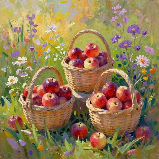 Digital painting of three wicker baskets filled with red apples, surrounded by colorful wildflowers and lush green grass in a sunlit meadow.