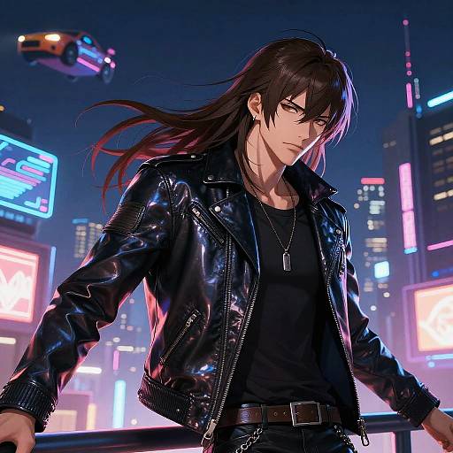Digital anime-style illustration of a handsome, long-haired man in a black leather jacket standing in a vibrant, neon-lit cityscape at night.