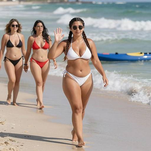 Curvy Woman Waving on Sunny Beach