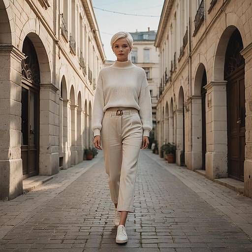 Fashionable Woman Walking on Rustic Urban Passage