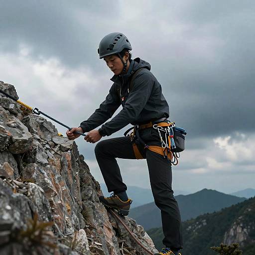 Korean Mountain Climber Ascending Rocky Slope