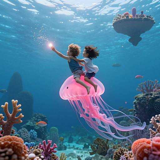 Children Riding Pink Jellyfish-Fish