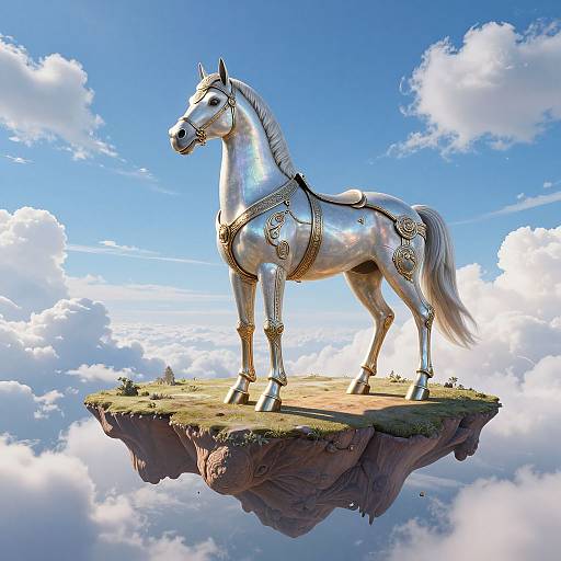 Digital artwork of a silver, ornate, standing horse on a floating cliff amidst a bright blue sky with fluffy white clouds.