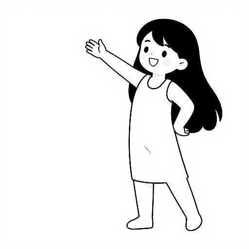 Black-and-white digital drawing of a smiling girl with long black hair, wearing a simple dress, raising one arm and taking a step forward. Minimalist