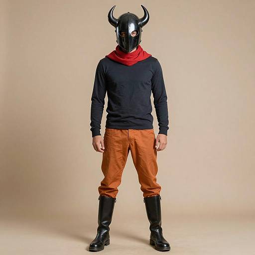 Photograph of a person standing against a beige background, wearing a black horned mask, red scarf, black long-sleeve shirt, orange pants