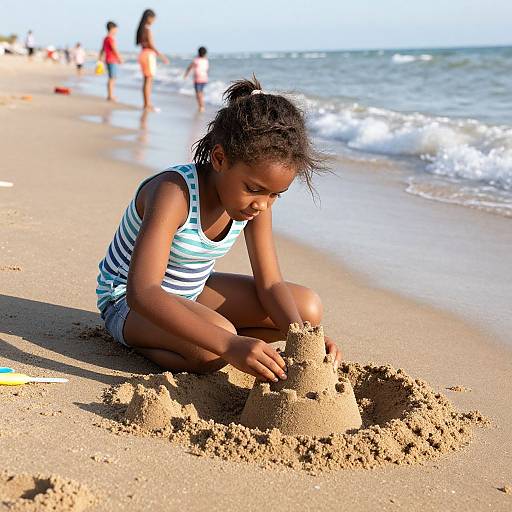 Photograph of a young Black girl with braided hair, wearing a blue-and-white striped tank top and shorts, building a sandcastle on a sunny