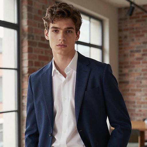Photograph of a young, handsome man with curly brown hair, wearing a dark blue blazer and white shirt, standing in a bright, brick-w