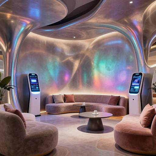 Photograph of a futuristic lounge with curved, plush pink sofas, glossy metallic walls, and vibrant rainbow light reflections. Two tall, illuminated kiosks